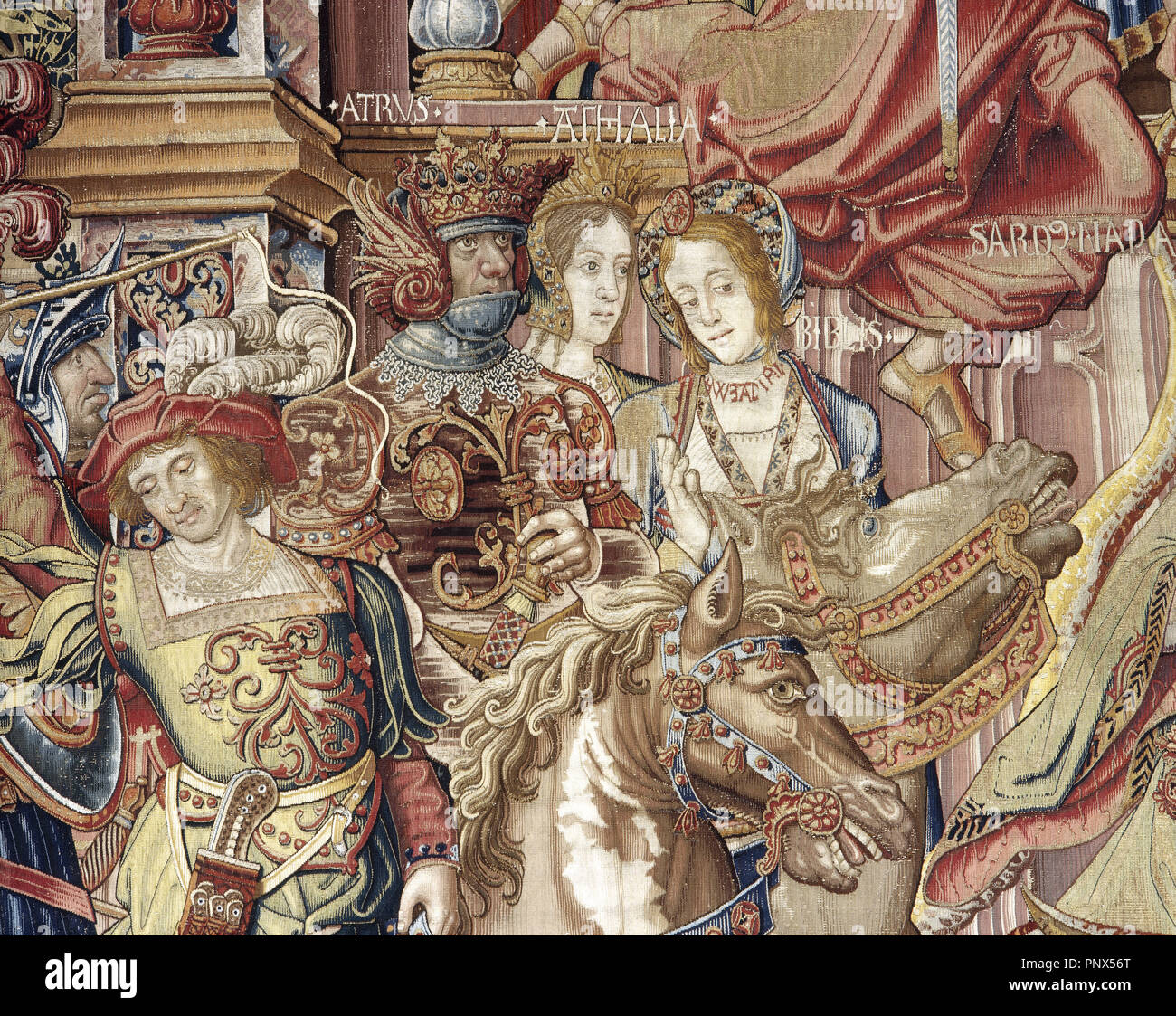 Tapestry Series Honors and Virtues. Detail. Made in Brussels in mid-sixteenth century. Wool, silk and silver. Tapestry Museum. Royal Palace of La Granja de San Ildefonso. Castile and Leon. Spain. National Heritage. Stock Photo