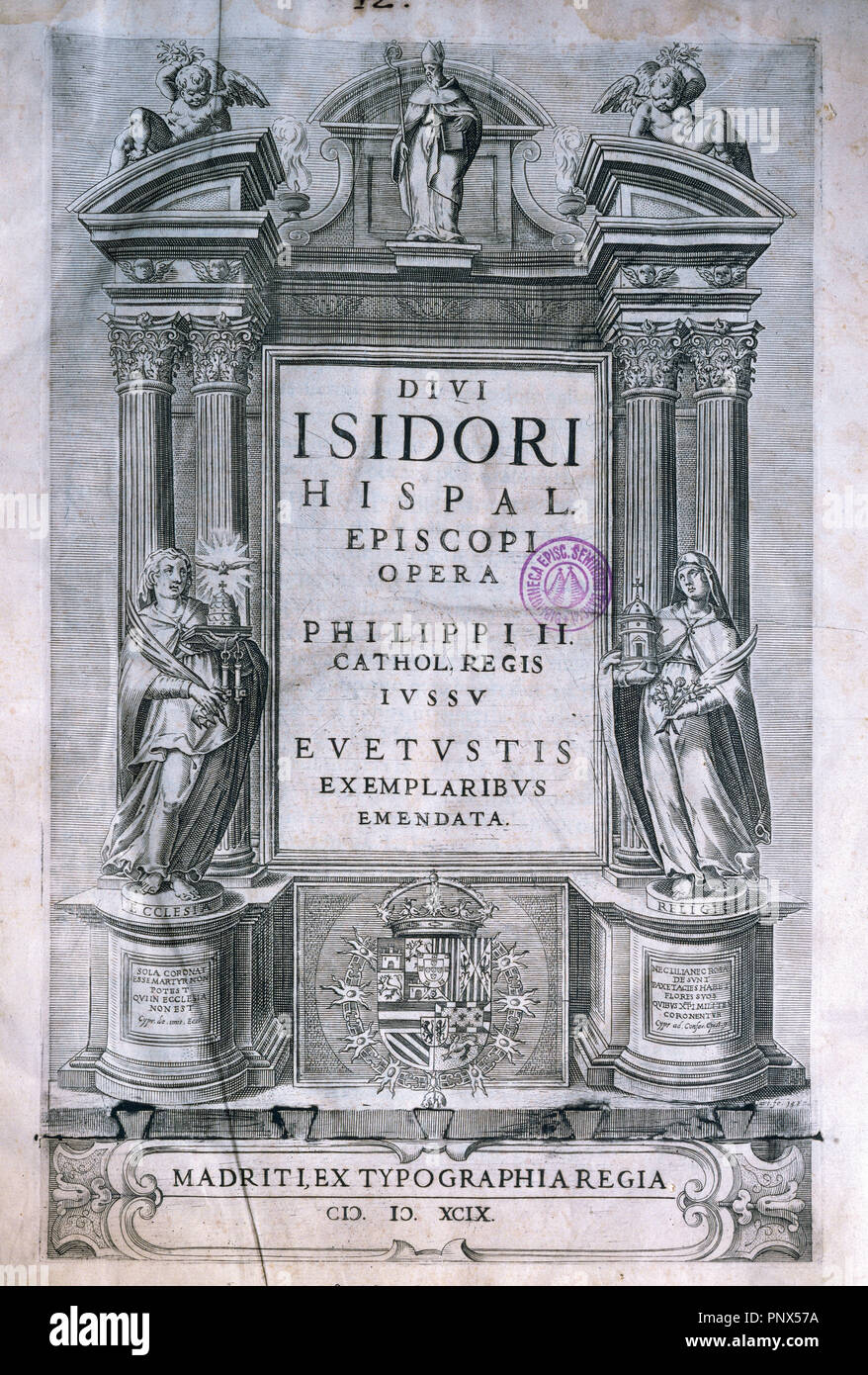 Spanish literature. 7th century. Saint Isidore of Seville  (c. 560 Ð 636) Archbishop of Seville and Doctor of the Church. 'In Qua Grammatica et Historica'. Book cover. Published in Madrid, 1599. Episcopal Library. Barcelona. Spain. Stock Photo