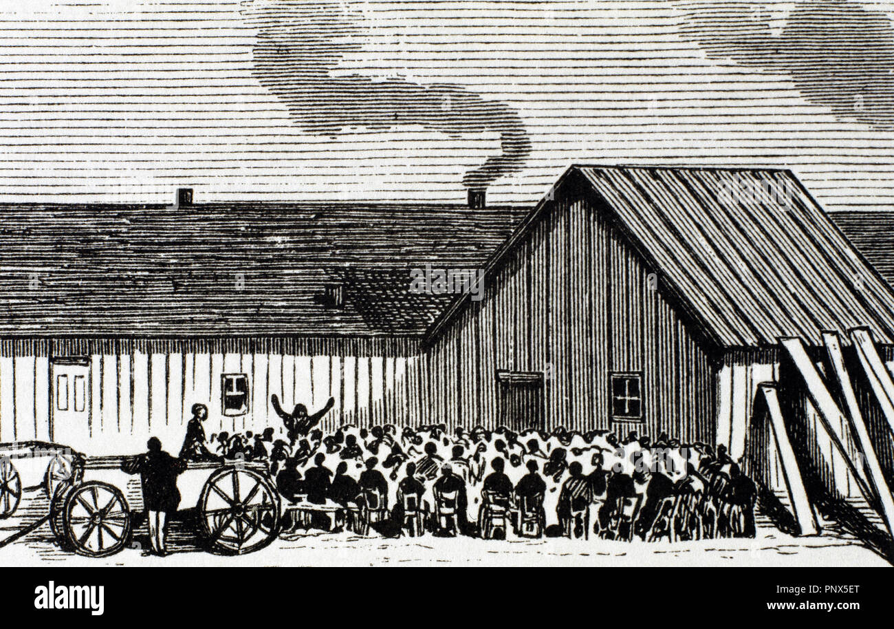 United States. Kansas. Mennonite religious service outside the hut. Engraving of the newspaper 'Frank Leslie's' '(1875). Stock Photo