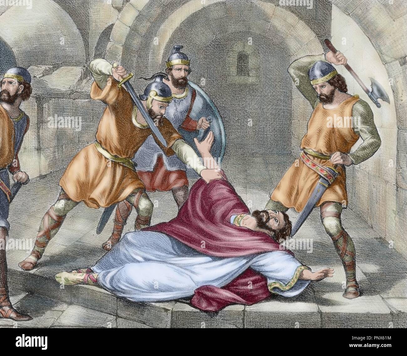 Saint Hermenegild (d. 586). Son of king Leovigild of Visigothic Spain. Beheading of St. Hermenegild. Colored engraving. Stock Photo