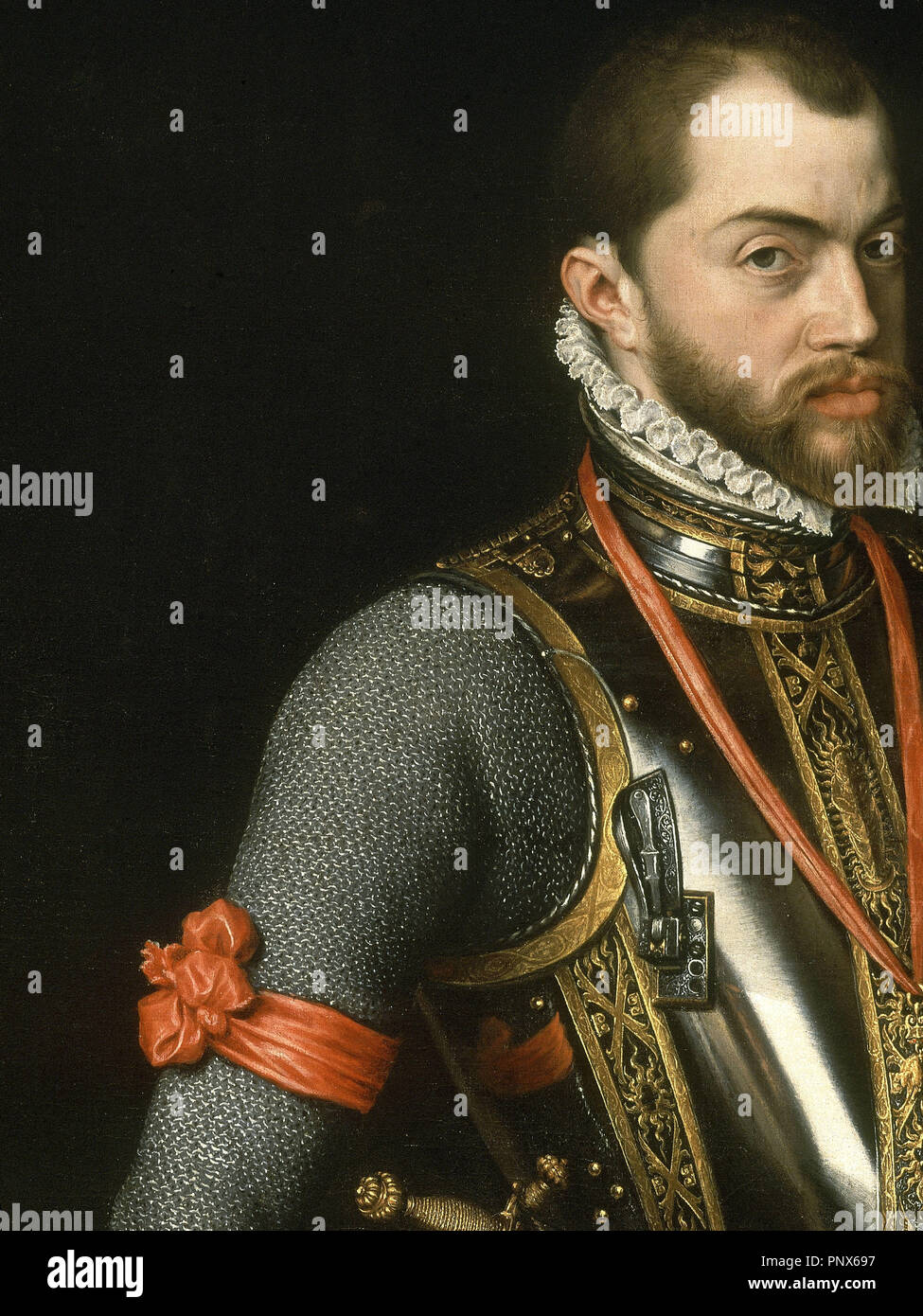 'Portrait of Philip II in Armour (detail)', 1557, Oil on canvas. Author: MOR, ANTONIS. Location: MONASTERIO-PINTURA. SAN LORENZO DEL ESCORIAL. MADRID. SPAIN. Stock Photo