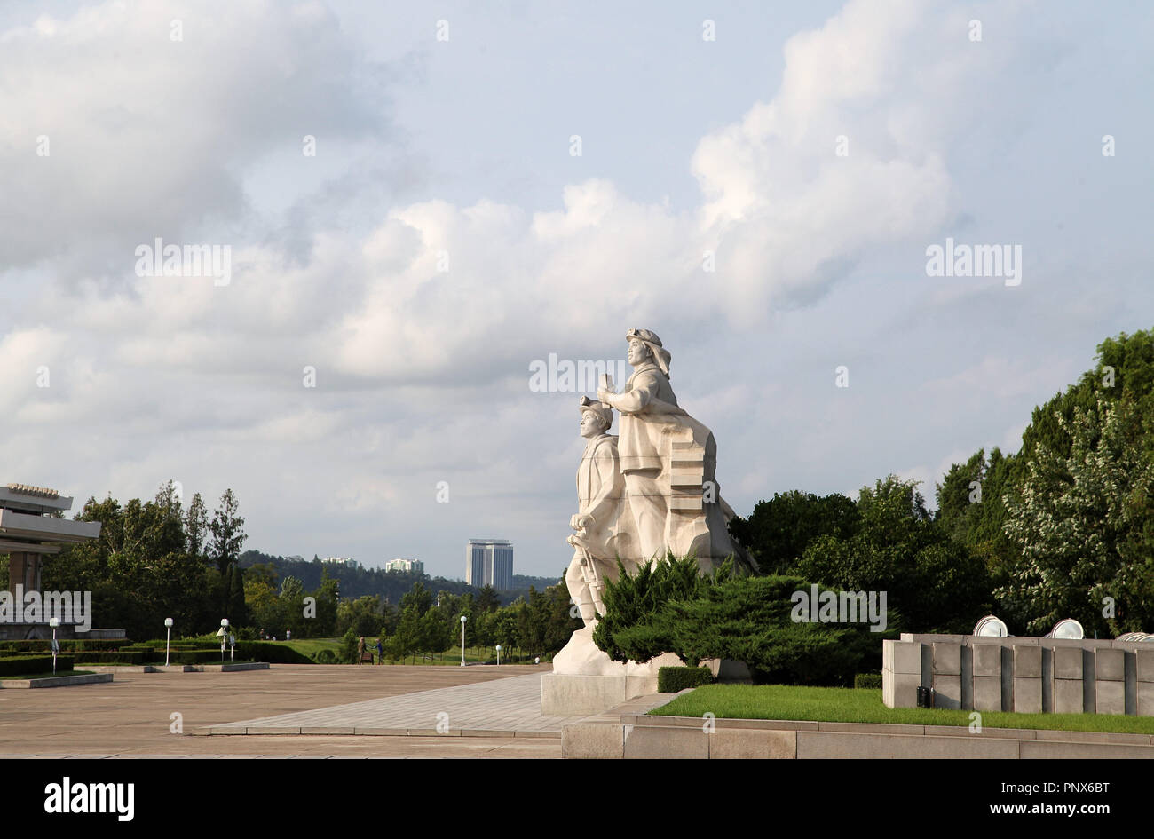 North Korean sculptures near the Juche Tower in Pyongyang Stock Photo