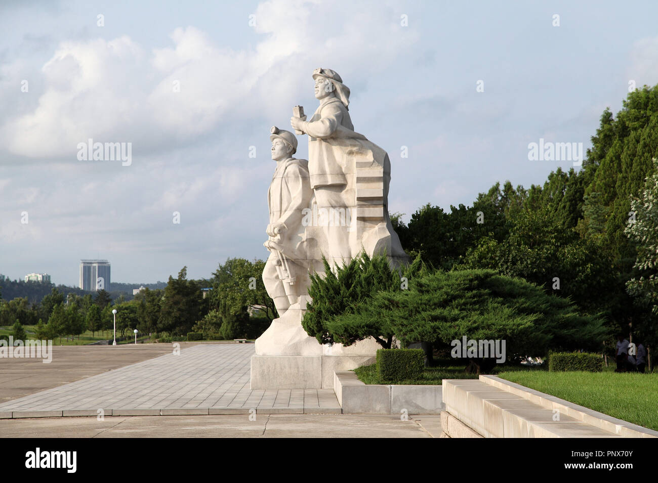 North Korean sculptures near the Juche Tower in Pyongyang Stock Photo