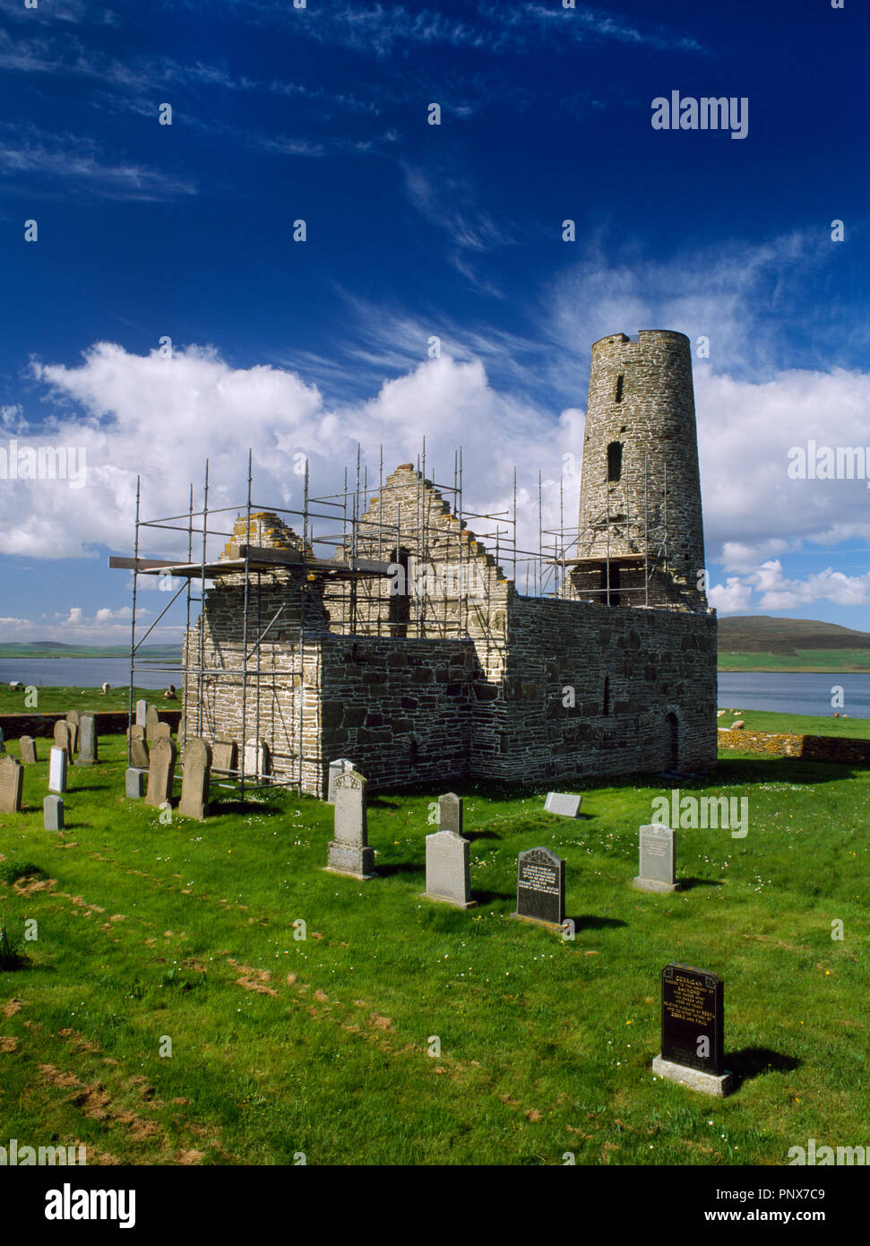 St Magnus late C12th Norse church, Egilsay, Orkney, Scotland, UK, covered in scaffolding during repair & conservation work in June 1997. Stock Photo