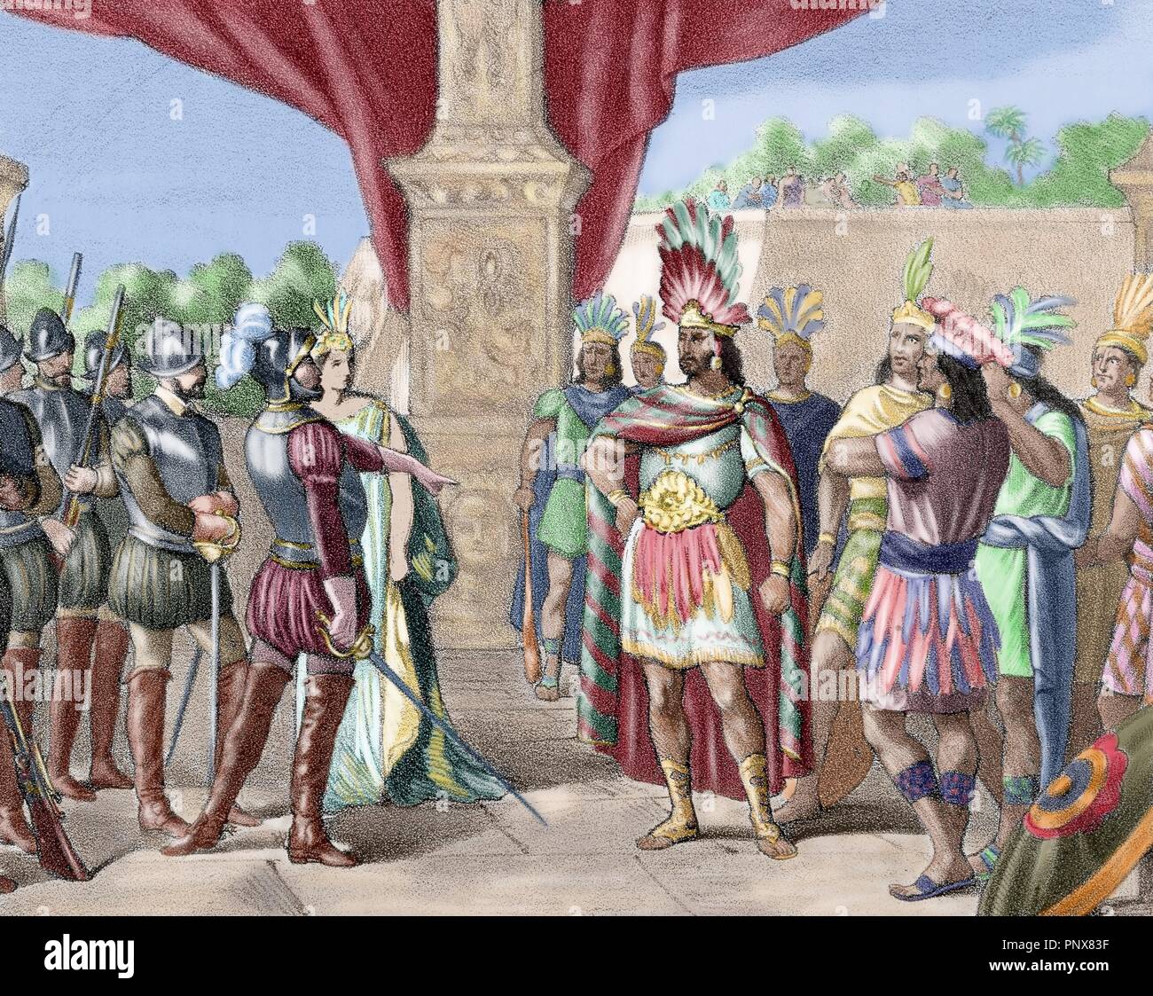 Moctezuma II (c. 1466 Ð 29 June 1520). Ninth tlatoani or ruler of Tenochtitlan, reigning from 1502 to 1520. Hernan Cortes takes prisoner Moctezuma II. Colored engraving, 1875. Stock Photo