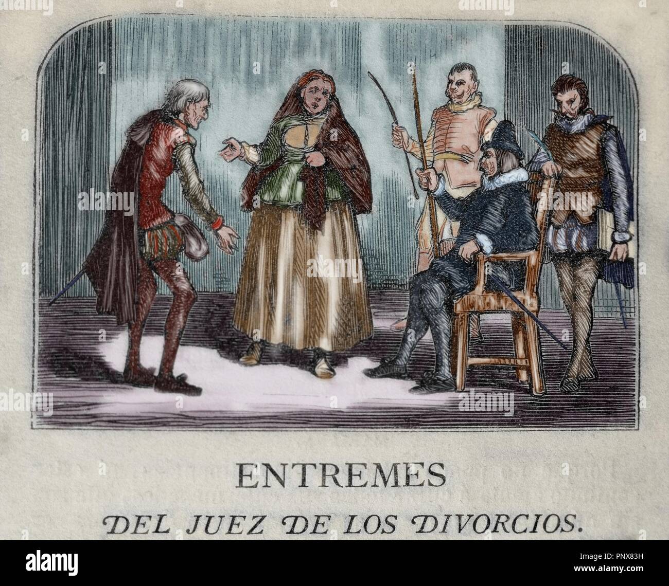 Miguel de Cervantes (1547-1616). Spanish writer. Short farce The Divorce judge (El Juez de los divorcios). Engraving. 1868. Private collection. Stock Photo