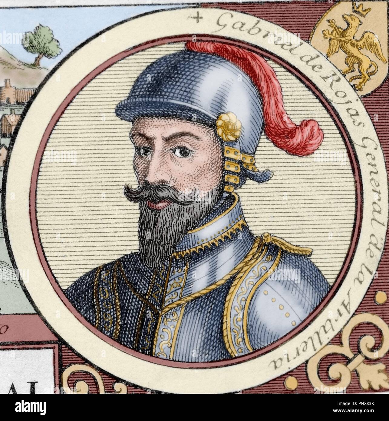Gabriel de Rojas Cordova (c.1480-1549). Spanish conqueror. Engraving at The Truthful History of the Conquest of New Spain by Bernal Diaz del Castillo.  Colored. Library of the University of Barcelona. Spain. Stock Photo