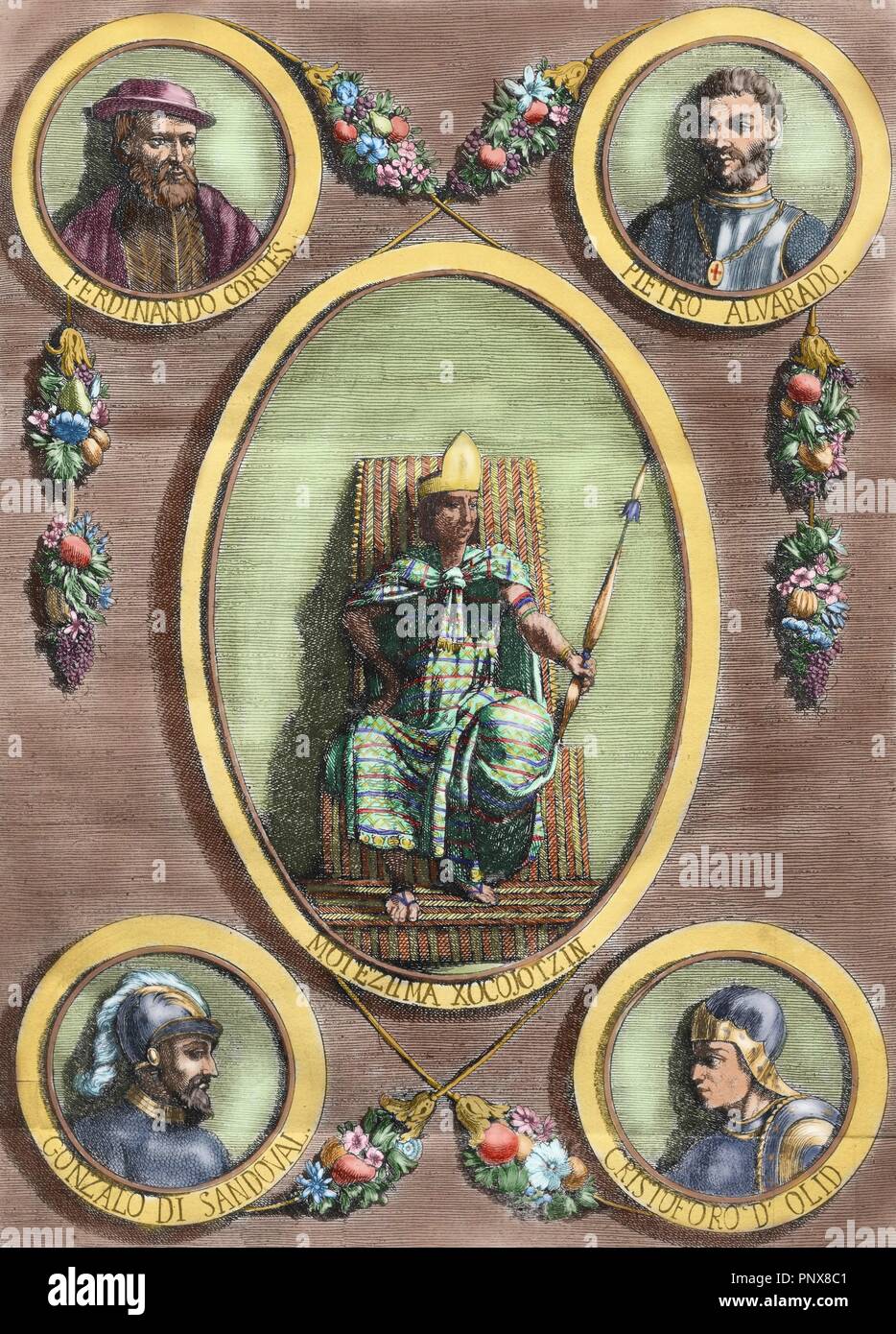 Conquerors and conquered. Moctezuma II (1467-1520), Hernan Cortes (1485-1547), Pedro de Alvarado (1485-1541), Gonzalo de Sandoval (1497-1527) and Cristobal de Olid (1488-1524). Colored engraving. 19th century. Stock Photo