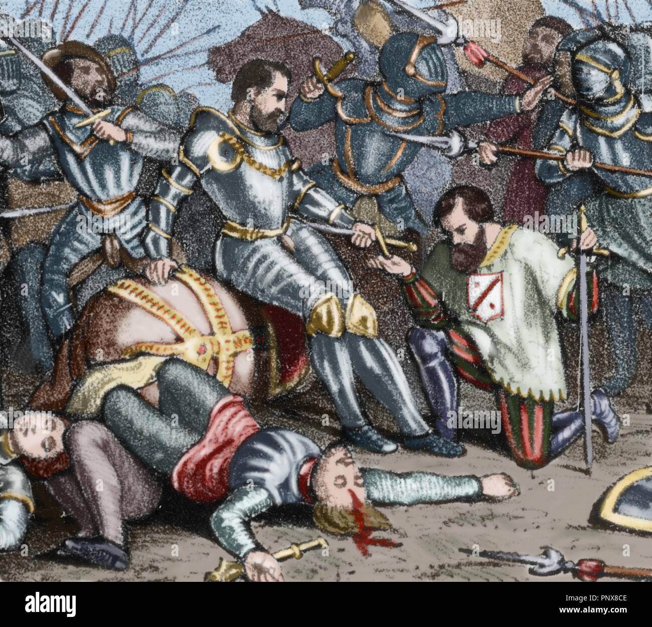 The battle of Pavia. Held on February 24, 1525 between the French army under King Francis I and German-Spanish troops of Emperor Charles V, who were the winner. Francis I of France was taken prisoner after his defeat. Colored engraving. Stock Photo