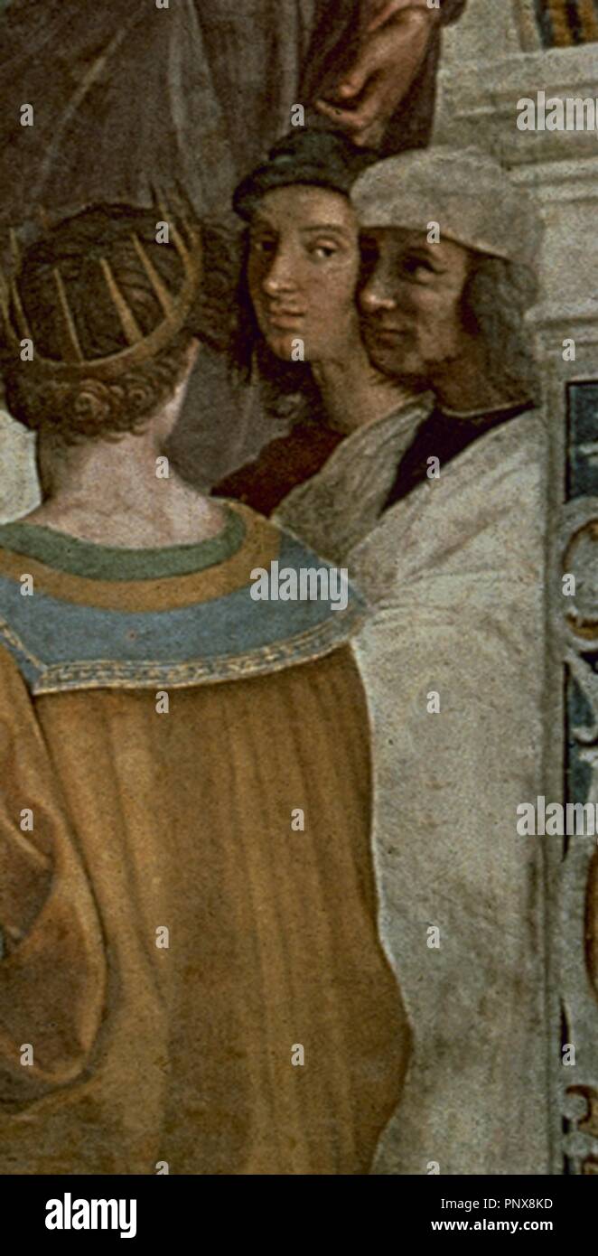 'The School of Athens (detail)', 1510, Fresco, Before restauration. Author: RAPHAEL. Location: MUSEOS VATICANOS-ESTANCIA DEL SELLO. VATICANO. Stock Photo