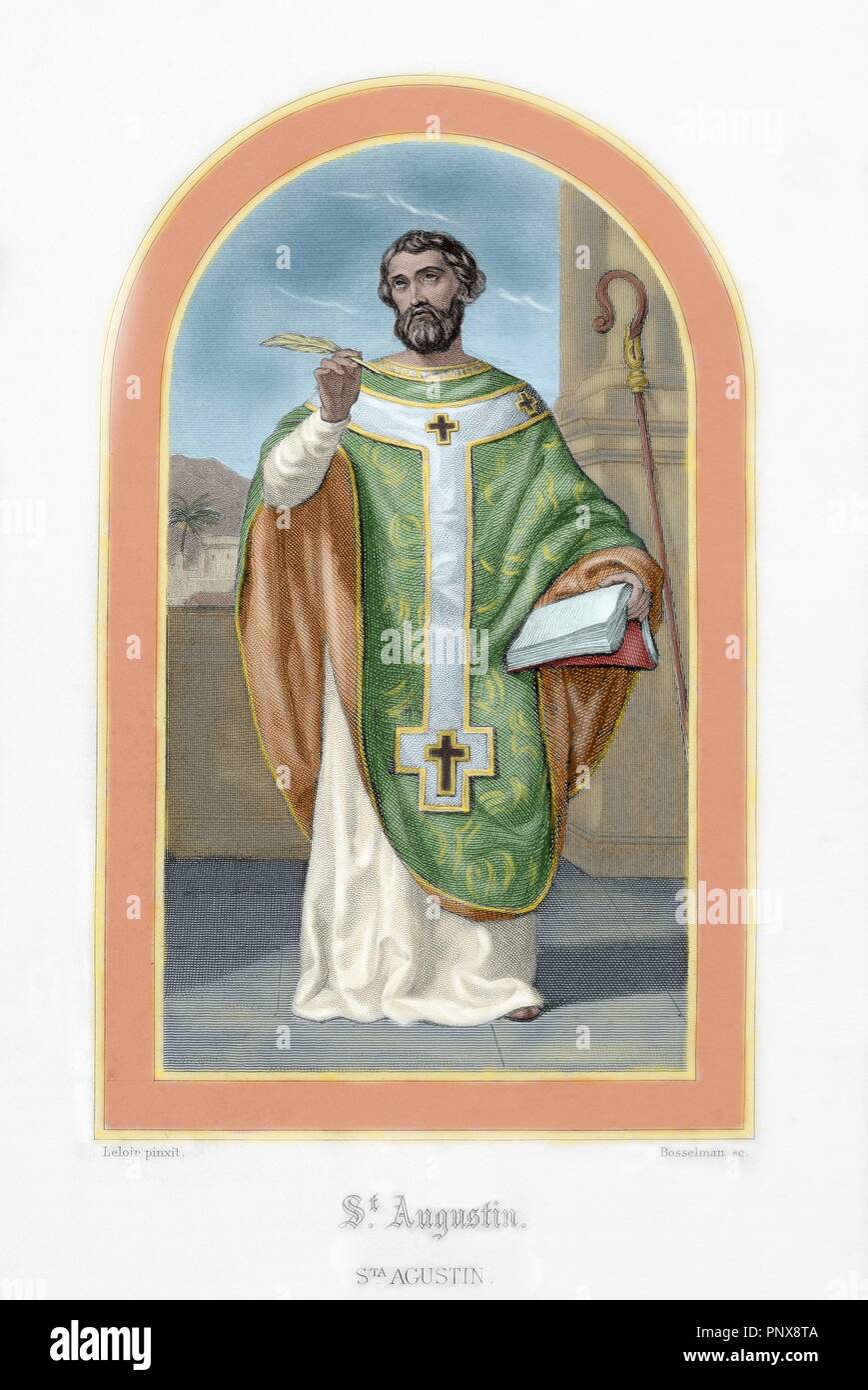 St. Augustine (354-430). African bishop, doctor and father of the church. Colored engraving. Stock Photo