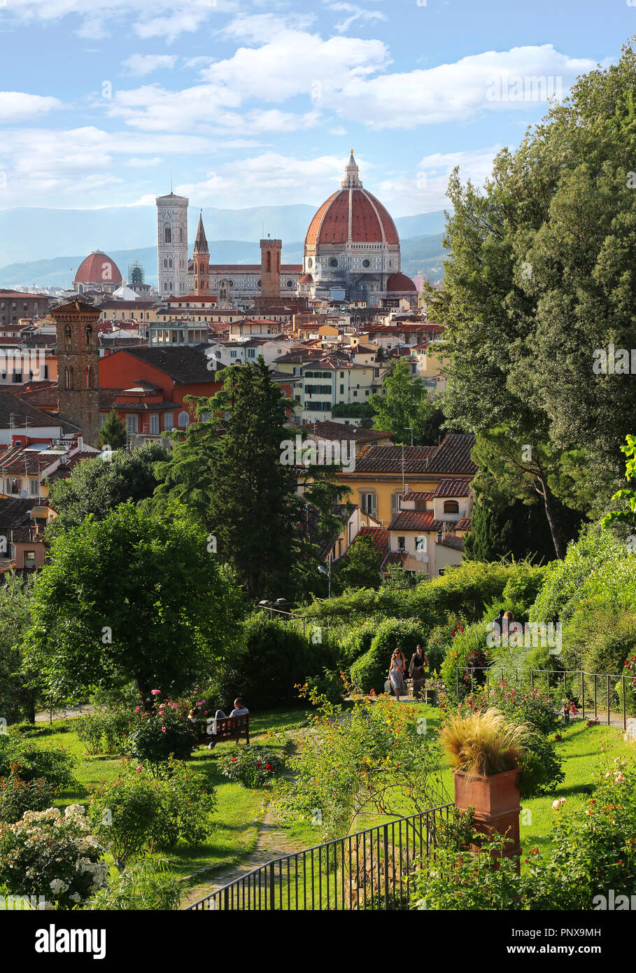 View of Duomo Santa Maria Del Fiore (Florence Cathedral) in evening as viewed from Piazzale Michelangelo in Florence (Firenze), Tuscany, Italy Stock Photo