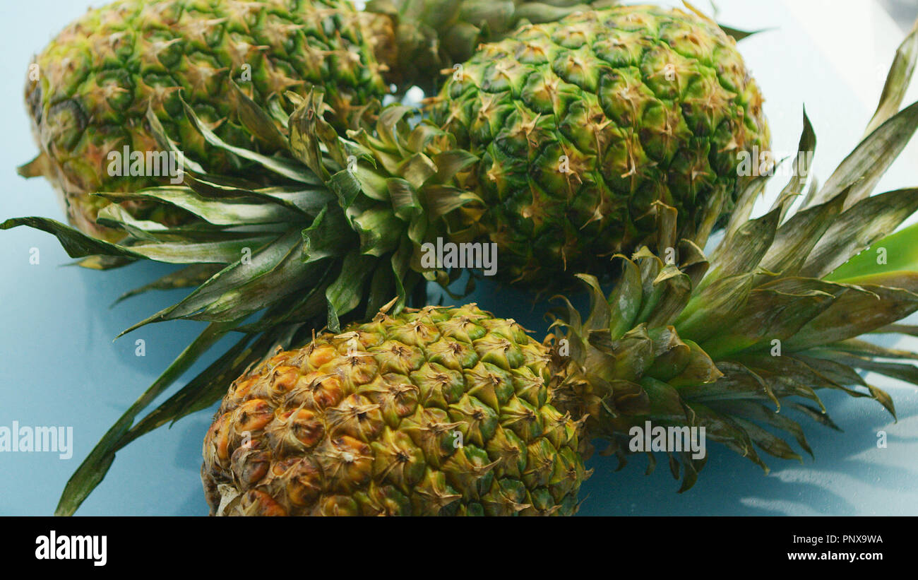 Whole pineapples on blue background Stock Photo