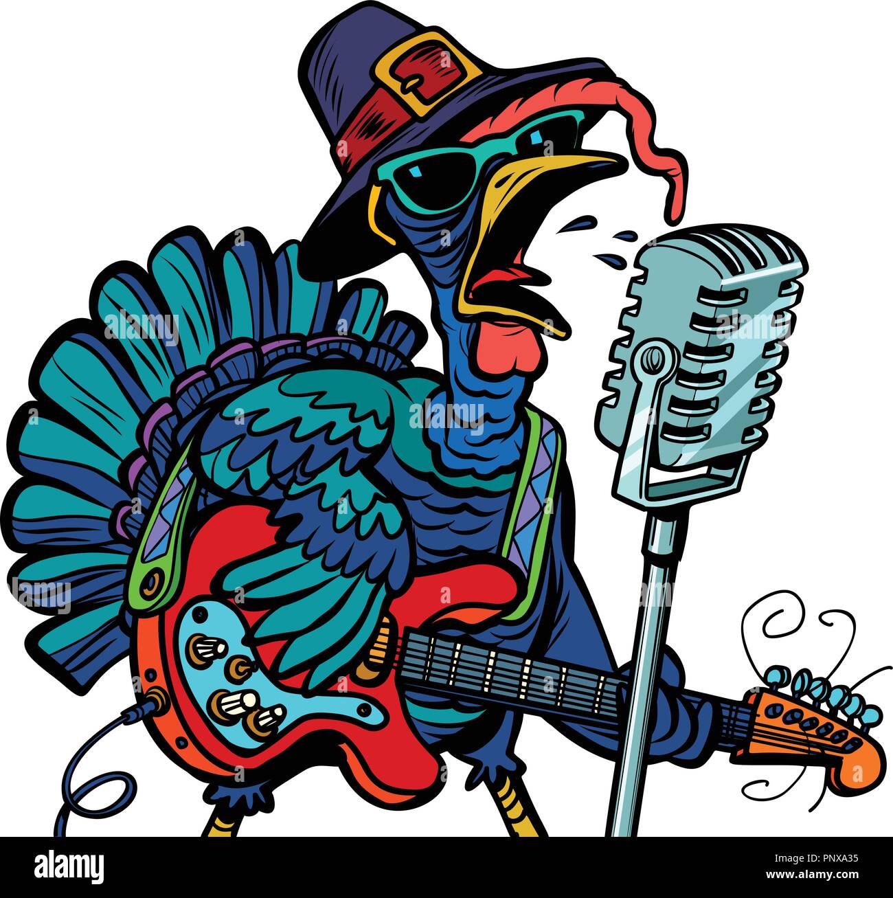 Thanksgiving Turkey character singer. Isolate on white backgroun Stock Vector