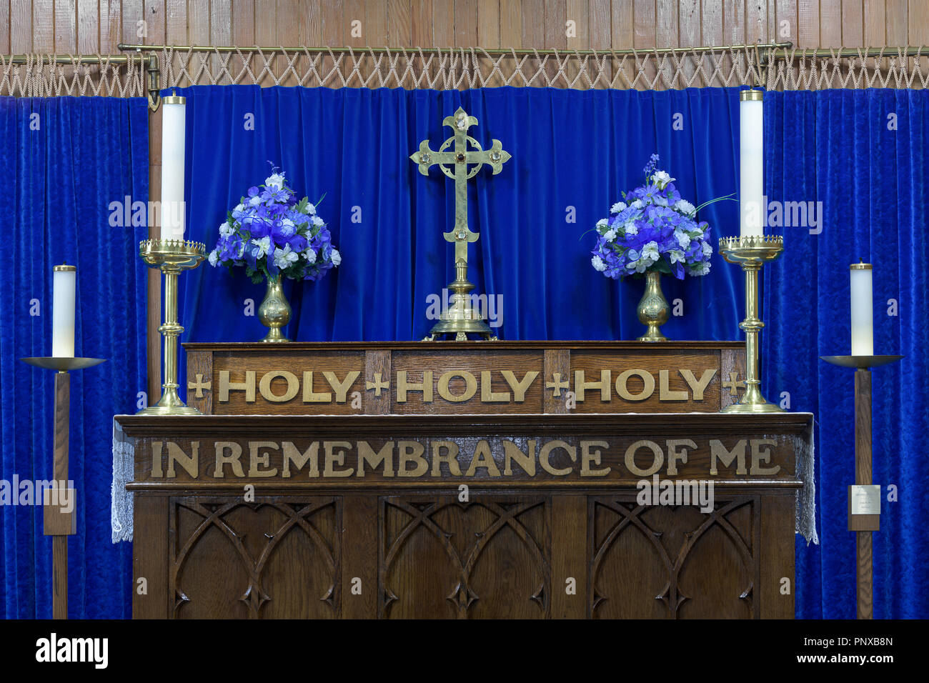 Closeup of the altar inside Holy Trinity Anglican Church on Highway 406 in Codroy, Newfoundland Stock Photo