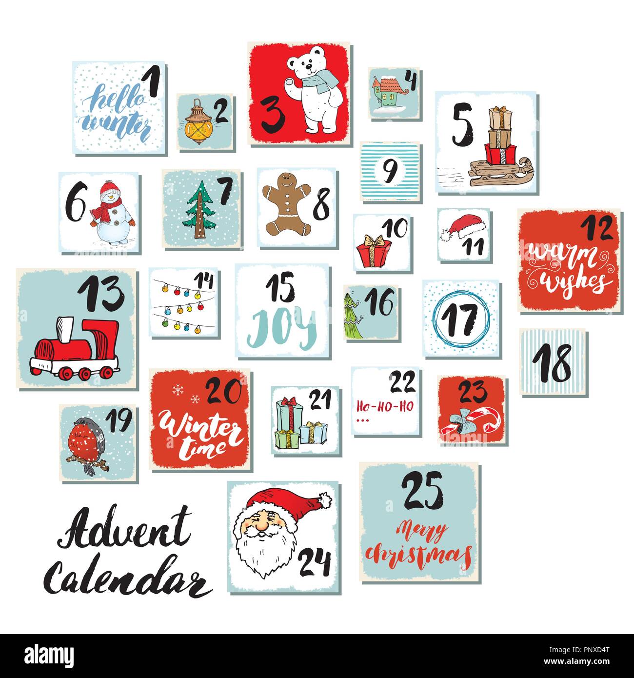 Christmas advent calendar. Hand drawn elements and numbers. Winter holidays  calendar cards set design, Vector illustration Stock Vector Image & Art -  Alamy