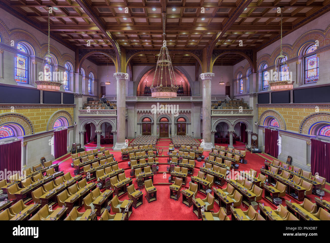 The House of Assembly chamber from the balcony inside the historic New York State Capitol building in Albany, New York Stock Photo