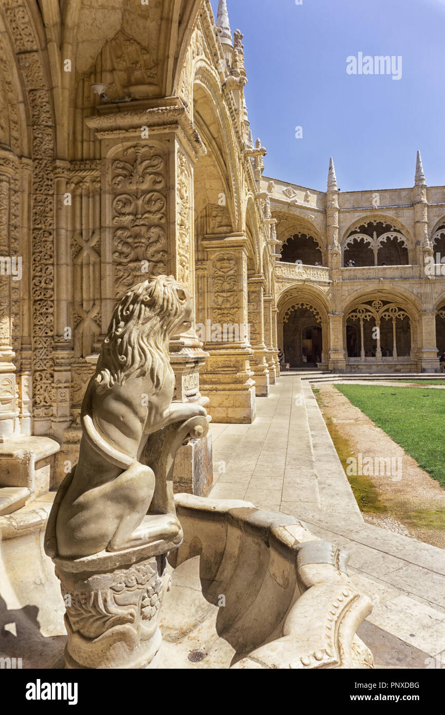 Lion sculpture, Monastery of Jeronimos, Lisbon, Portugal Stock Photo