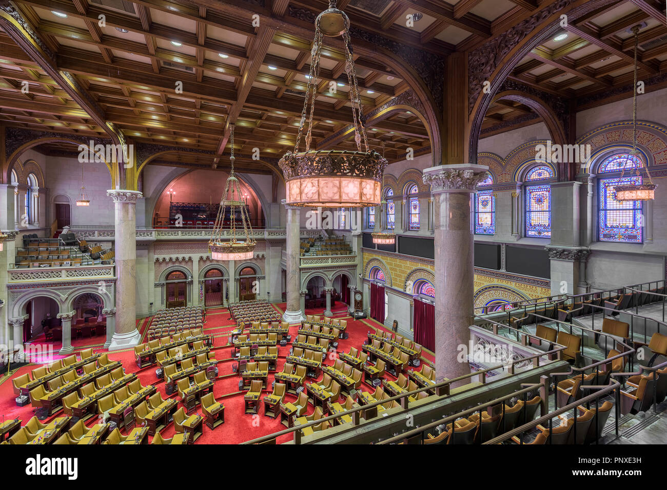 The House of Assembly chamber from the balcony inside the historic New York State Capitol building in Albany, New York Stock Photo