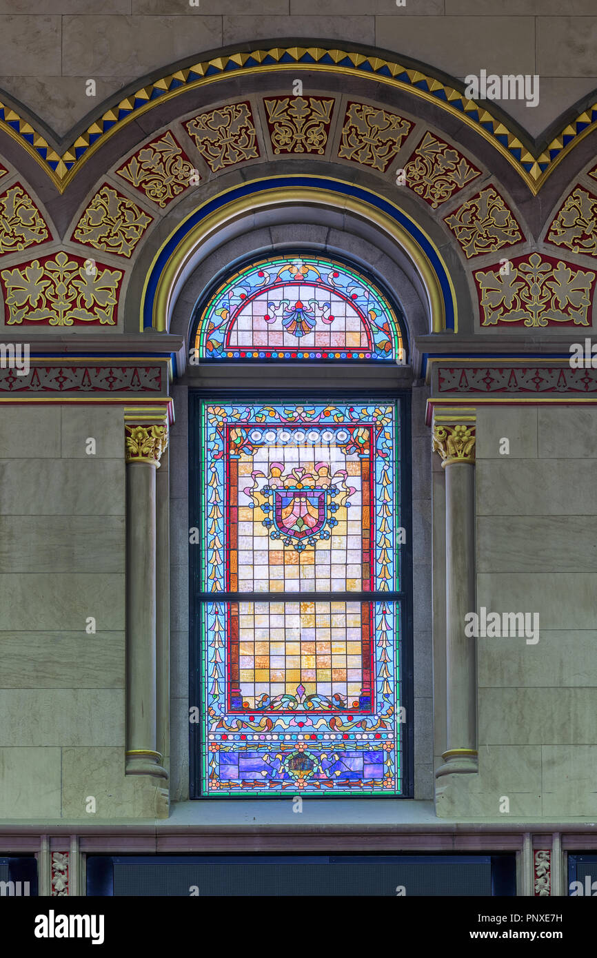Stained glass window inside the House of Assembly chamber in the New