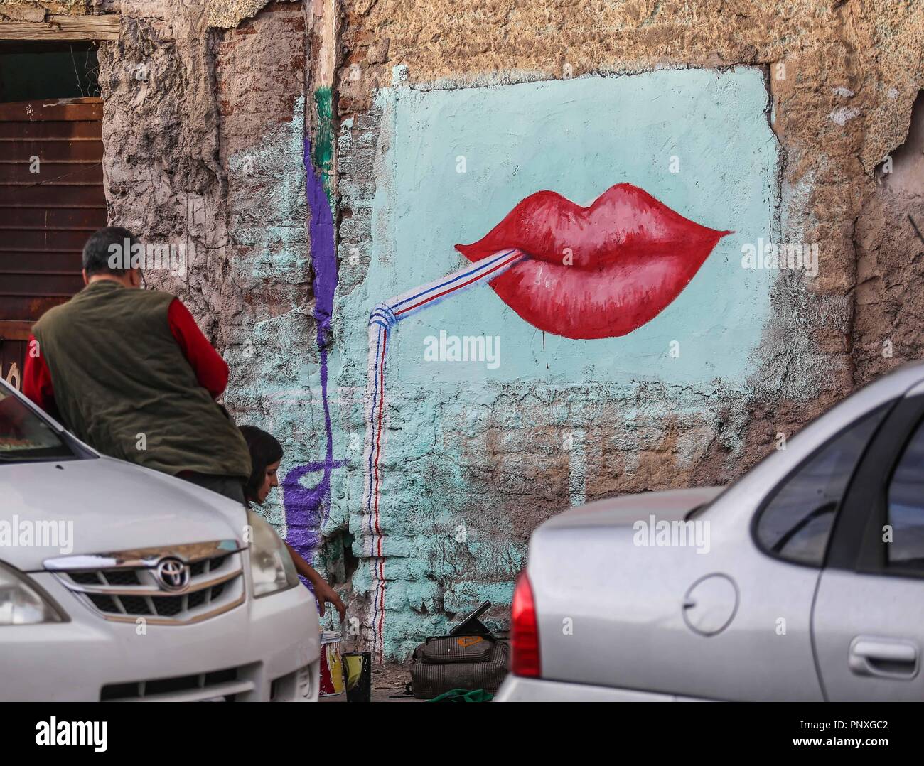 Labios rojos.  ... Murales y pinturas de la calle No reeleccion en la colonia Centro de Hermosillo. Stock Photo