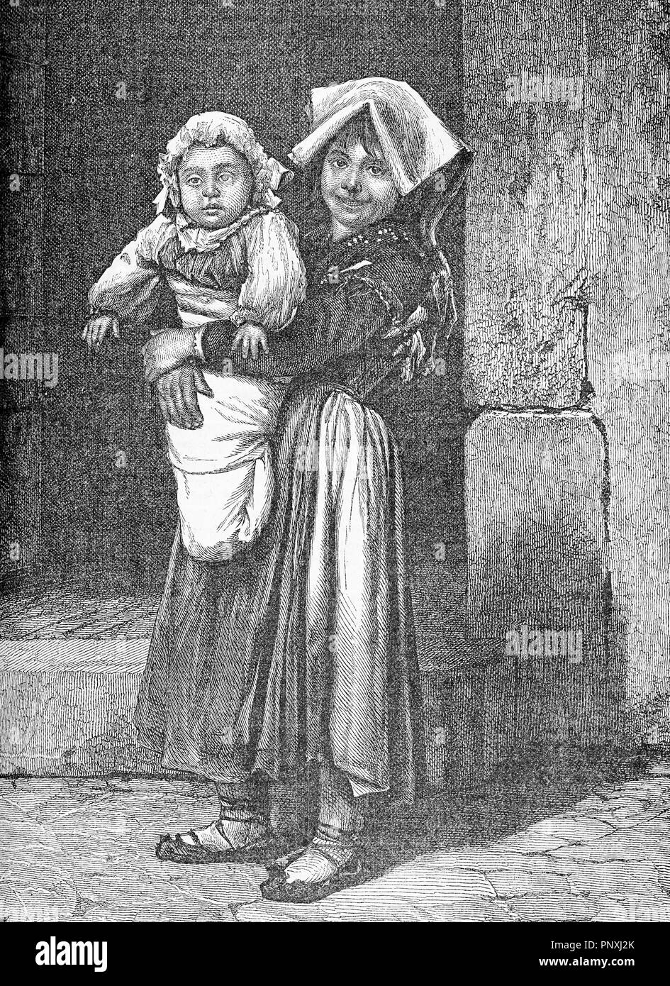 Little girl of poor family holding in her arms her small sister on the street, vintage engraving Stock Photo
