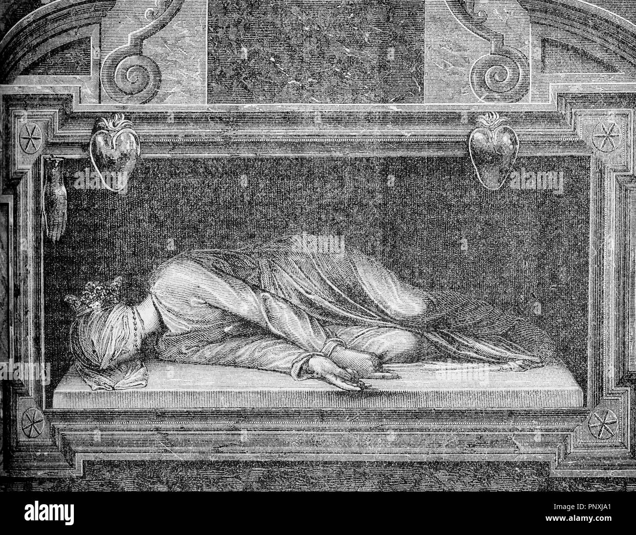 Rome, Church of Saint Cecilia - the Martyrdom of Saint Cecilia by Stefano Maderno, 17th century, vintage engraving Stock Photo