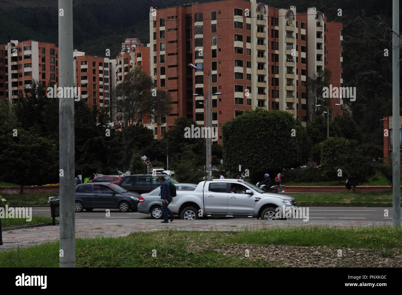 Bogota, Colombia - May 20, 2017: A section of Carrera Novena or translated, Avenue 9. In the background are apartment blocks. Stock Photo
