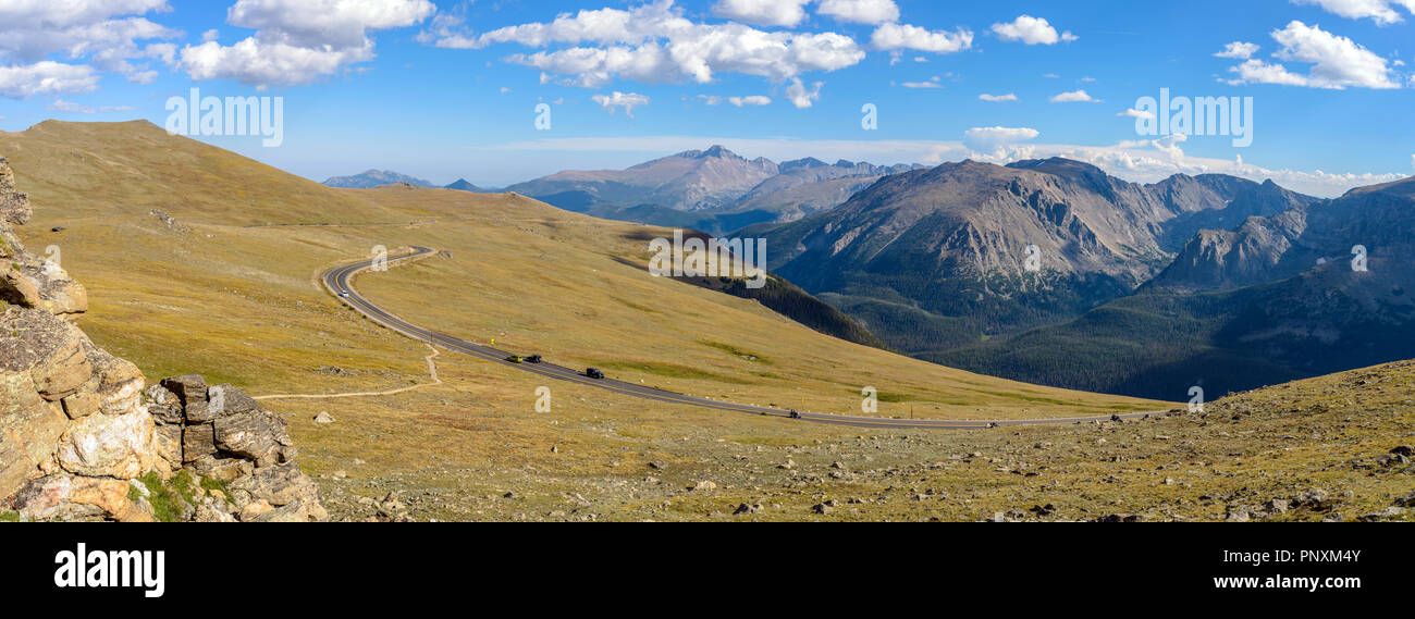 Trail Ridge Road - A panoramic evening view of Trail Ridge Road winding through vast alpine tundra at top of Rocky Mountain National Park, CO, USA. Stock Photo