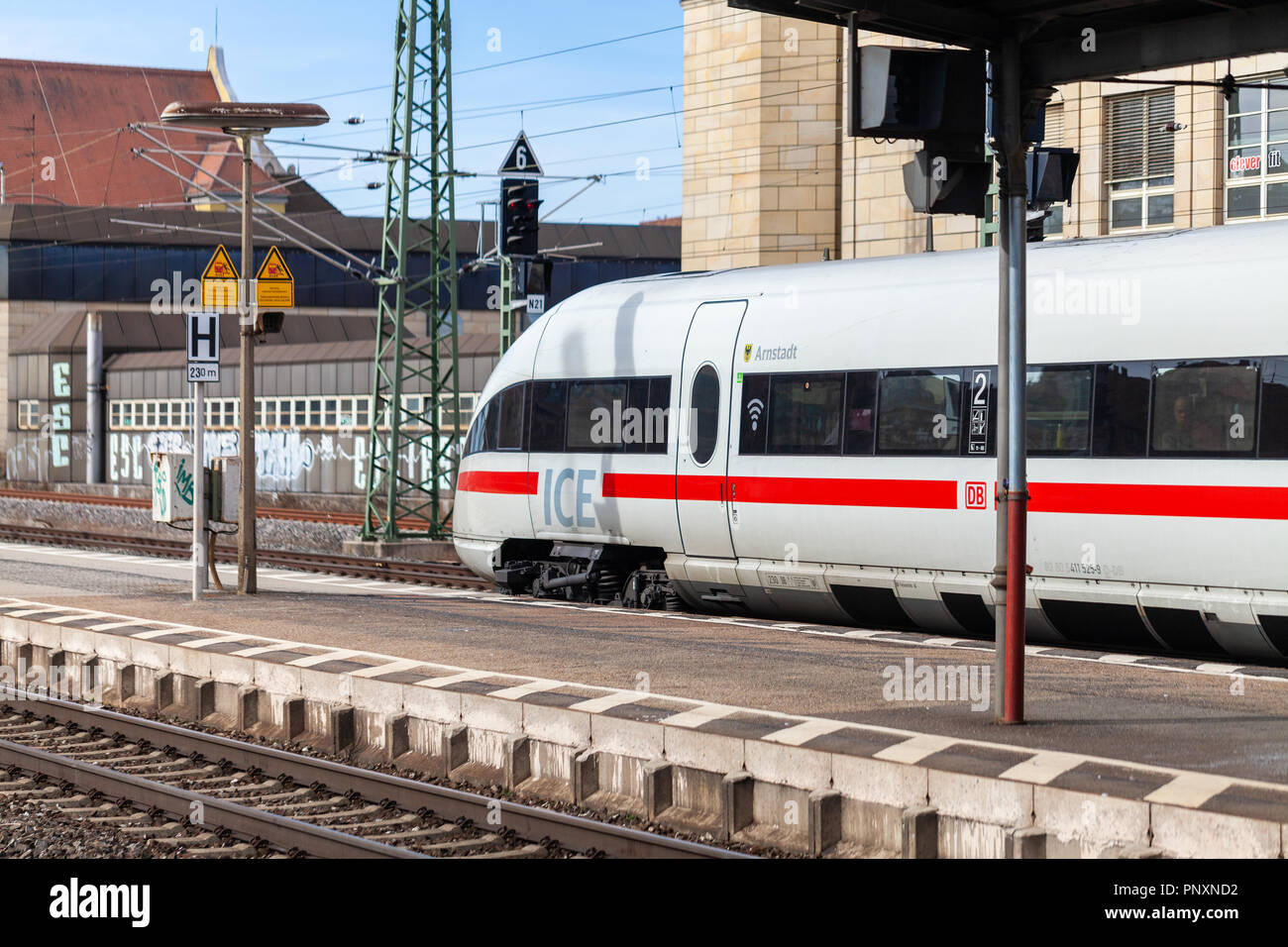 FUERTH / GERMANY - MARCH 11, 2018: ICE 3, intercity-Express train from Deutsche Bahn passes train station fuerth in germany. Stock Photo