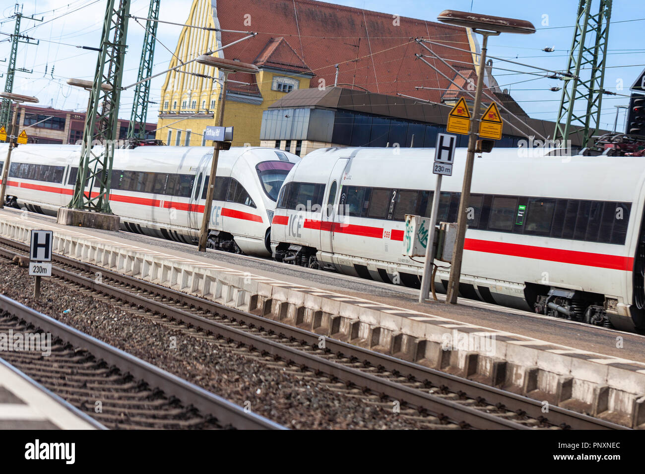 FUERTH / GERMANY - MARCH 11, 2018: ICE 3, intercity-Express train from Deutsche Bahn passes train station fuerth in germany. Stock Photo
