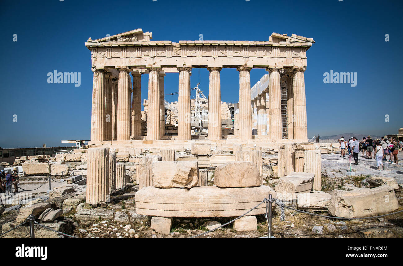 Parthenon on the Acropolis of Athens, Greece. The famous ancient Greek Parthenon is the main landmark of Athens. Ruins of Parthenon or temple of Athen Stock Photo