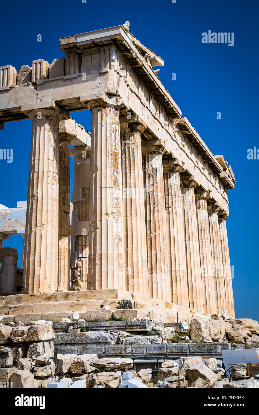 Parthenon on the Acropolis of Athens, Greece. The famous ancient Greek Parthenon is the main landmark of Athens. Ruins of Parthenon or temple of Athen Stock Photo