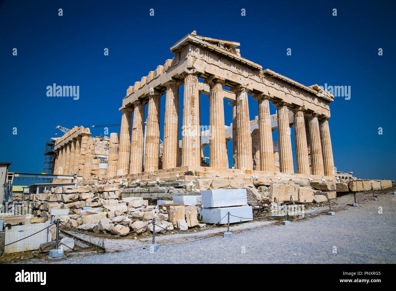 Parthenon on the Acropolis of Athens, Greece. The famous ancient Greek Parthenon is the main landmark of Athens. Ruins of Parthenon or temple of Athen Stock Photo