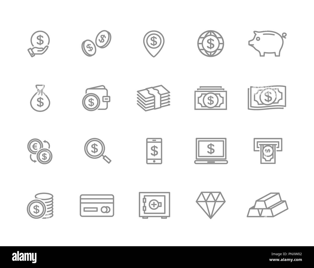Set of bank and money line icons. Coin, cash, card, credit, atm, diamont, wallet, gold, deposit, purse, piggy, diamond, dollar, bag and more. Editable Stroke. Stock Photo