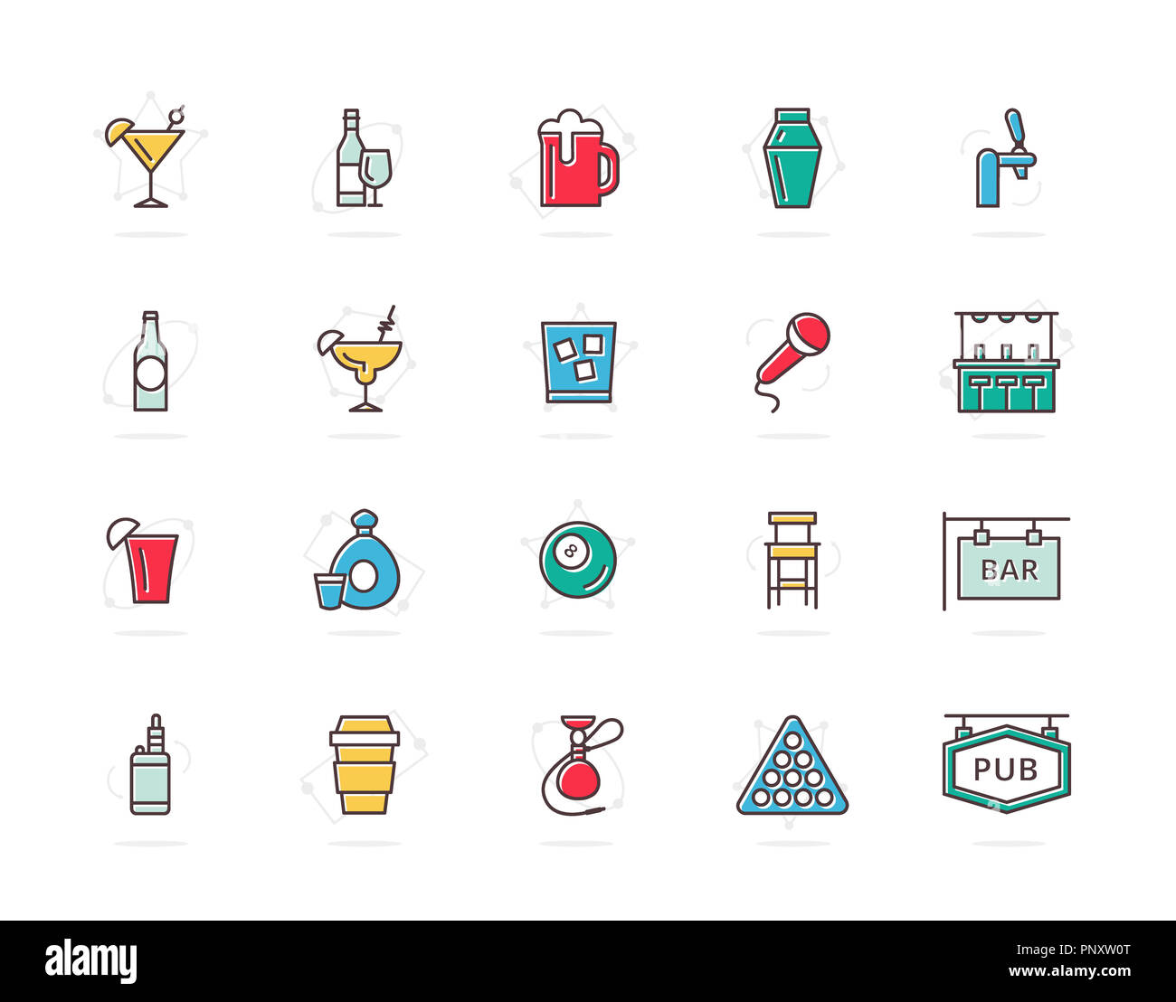 Set of alcohol and bar, night club colored line icons. Cocktail, wine