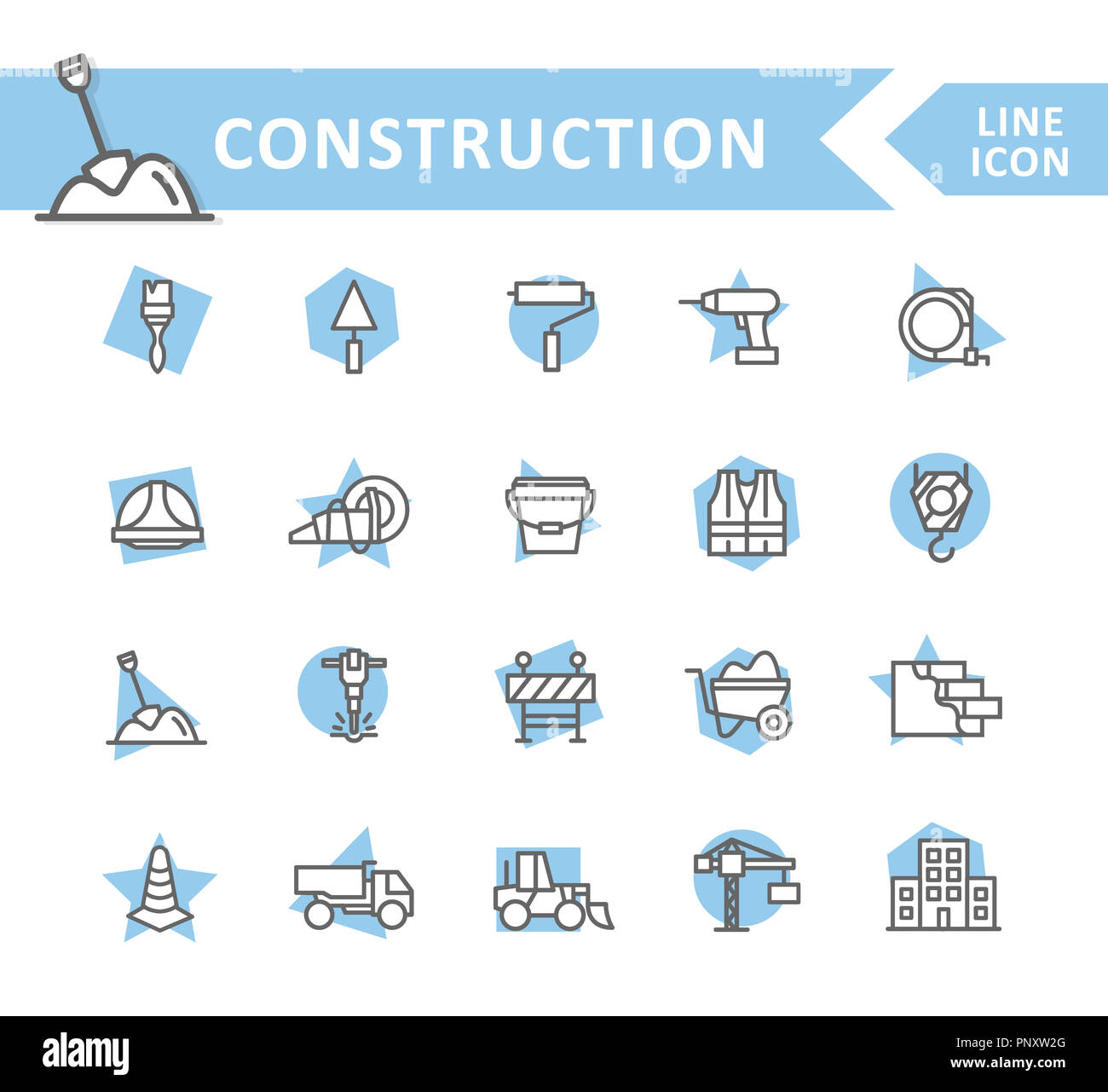 Set of construction and repair line icons. Brush, roller, drill, helmet ...