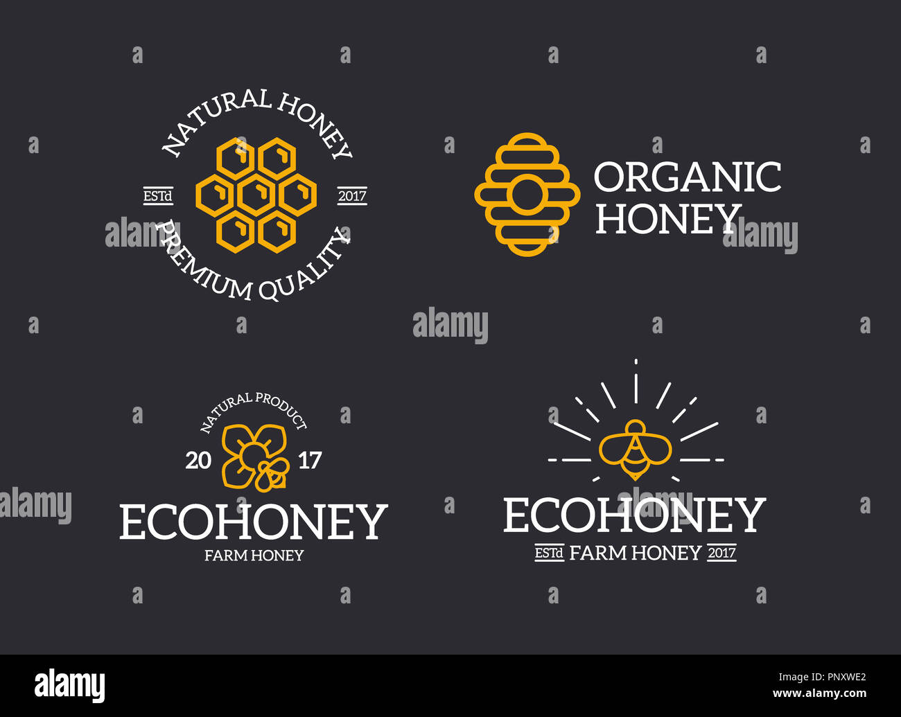 Set of retro vintage honey and bee, honeycomb, hive logo or insignia ...