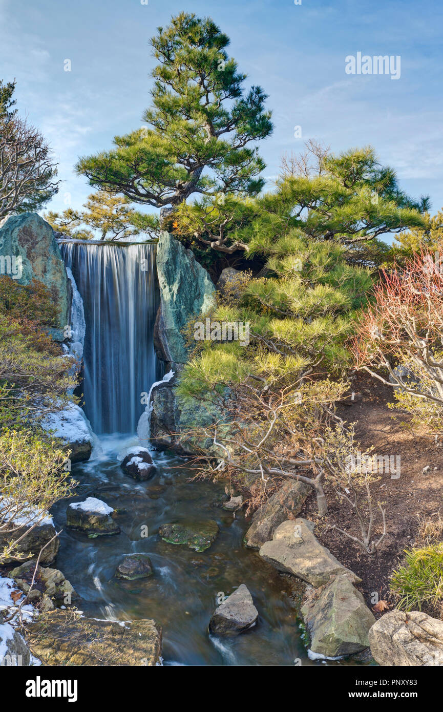 The waterfall in the Japanese Garden at the Missouri Botanical Garden on a winter day. Stock Photo