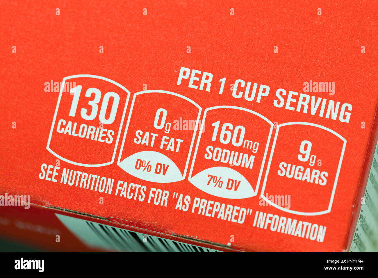 Nutrition facts label (nutrition information) on cereal box - USA Stock Photo