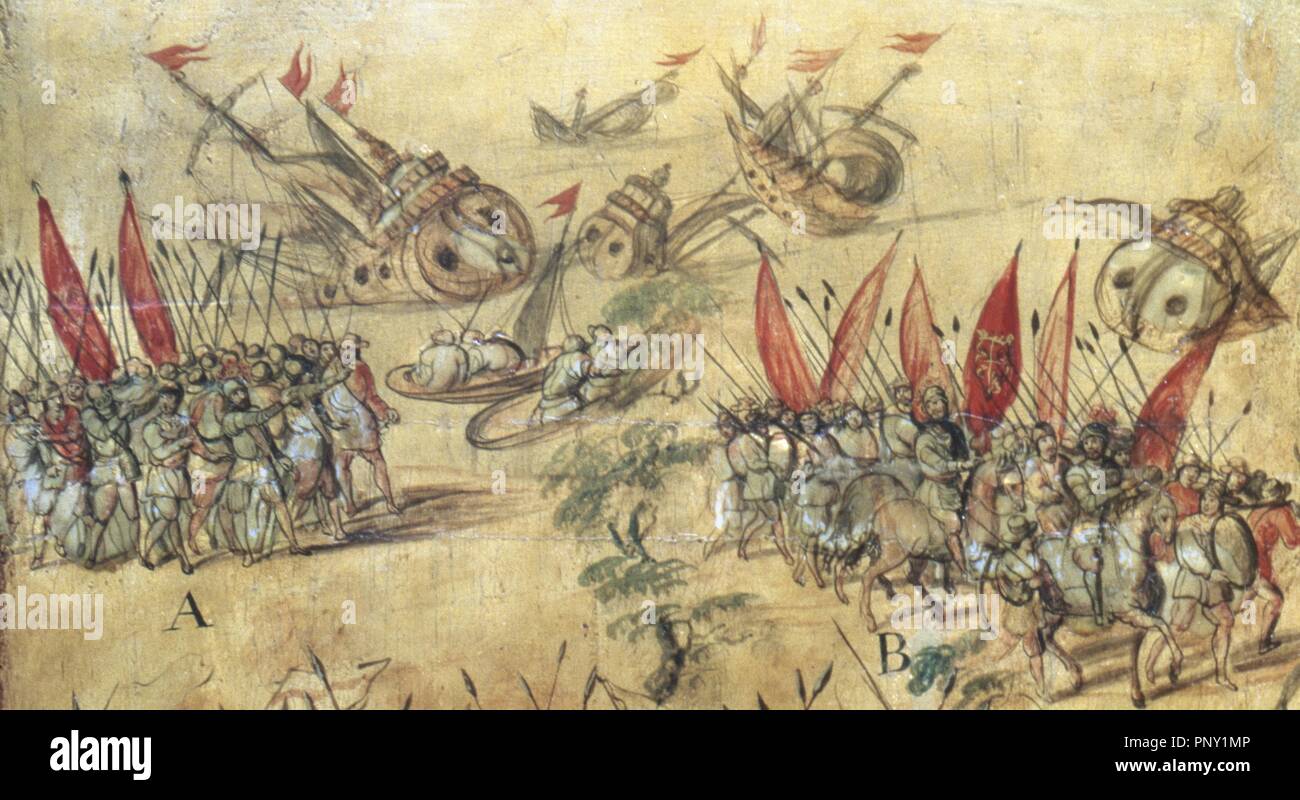 CONQUISTA DE MEXICO (1519) 'Manda Cortés echar las naves a pique' 'Camina con la gente de Pánfilo de Narváez', secuencias del cuadro enconchado de Miguel González realizado en 1698 que ilustran la batalla que Narvaez (1470-1528) entabló con Cortés (1488-1547) en Cempoala (1520). Museo de América. Madrid. España. Stock Photo