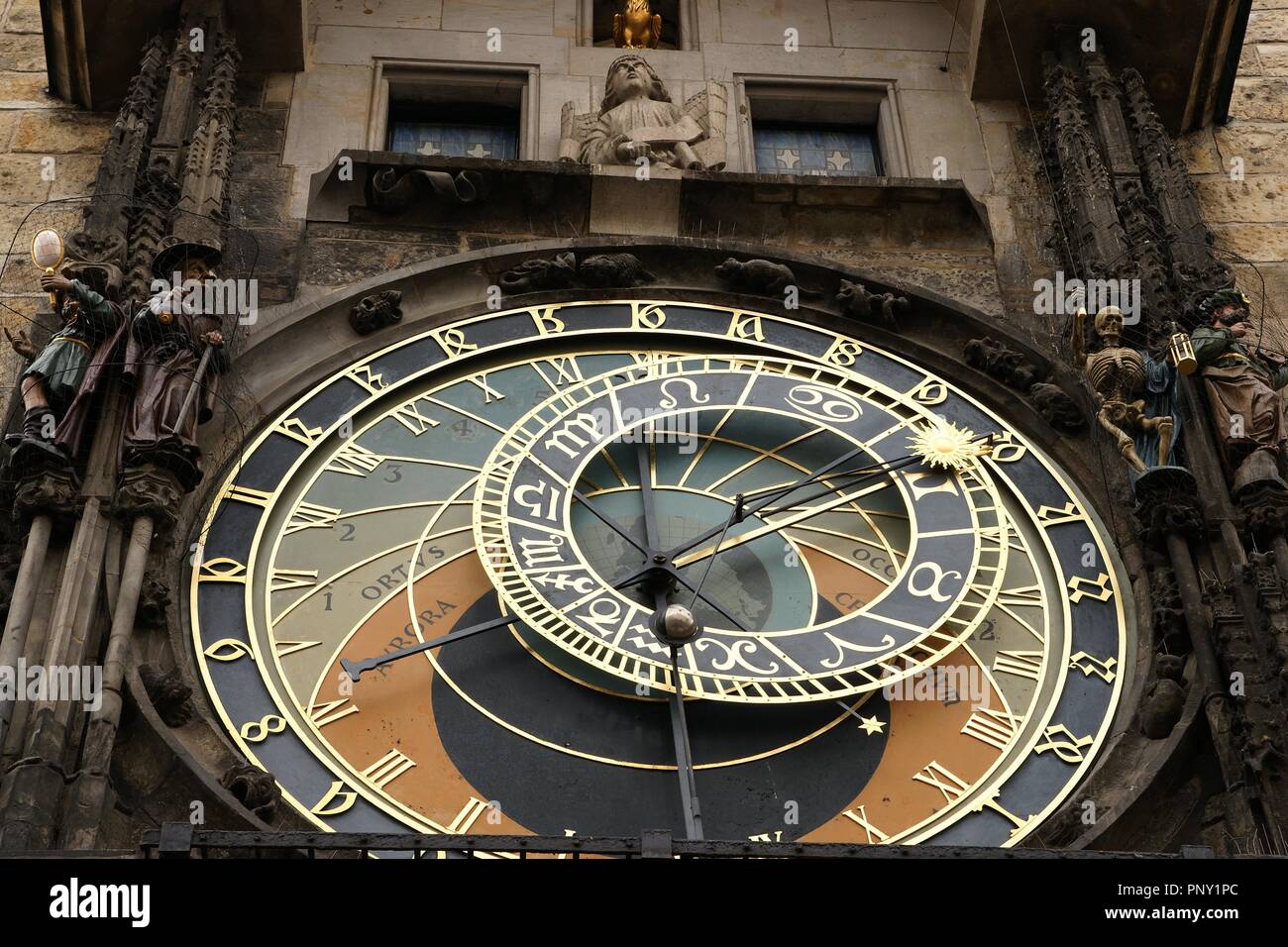 The Prague Astronomical Clock or Prague Orloj mounted on the southern wall of Old Town City Hall in the Old Town Square. Astronomical dial.  Czech Republic. Stock Photo