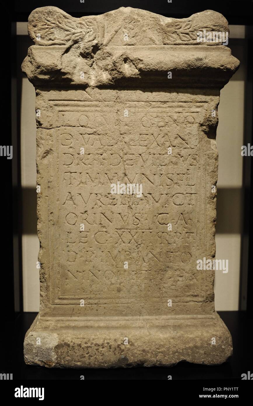 Altar for the god Jupiter and the genius of the Centuria of Valerius Alexander. Limestone. Mainz-Kastrich, 205, Mainz, Germany. The German Historical Museum. Berlin. Germany. Stock Photo