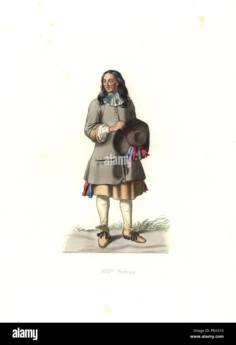 Peasant, France, 17th century, from a 1679 print by Jean de Saint-Jean. Handcolored illustration by E. Lechevallier-Chevignard, lithographed by A. Didier, L. Flameng, F. Laguillermie, from Georges Duplessis's 'Costumes historiques des XVIe, XVIIe et XVIIIe siecles' (Historical costumes of the 16th, 17th and 18th centuries), Paris 1867. The book was a continuation of the series on the costumes of the 12th to 15th centuries published by Camille Bonnard and Paul Mercuri from 1830. Georges Duplessis (1834-1899) was curator of the Prints department at the Bibliotheque nationale. Edmond Lechevallier Stock Photo