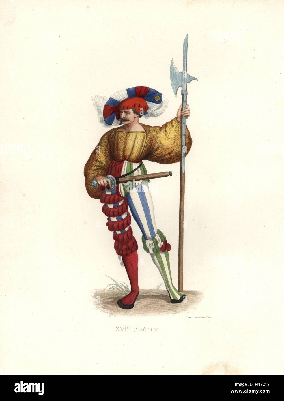 Halberdier, 16th century, in plumed hat, gold full-sleeved doublet, striped stockings, garters, carrying a sword and halberd.. Handcolored illustration by E. Lechevallier-Chevignard, lithographed by A. Didier, L. Flameng, F. Laguillermie, from Georges Duplessis's 'Costumes historiques des XVIe, XVIIe et XVIIIe siecles' (Historical costumes of the 16th, 17th and 18th centuries), Paris 1867. The book was a continuation of the series on the costumes of the 12th to 15th centuries published by Camille Bonnard and Paul Mercuri from 1830. Georges Duplessis (1834-1899) was curator of the Prints depart Stock Photo