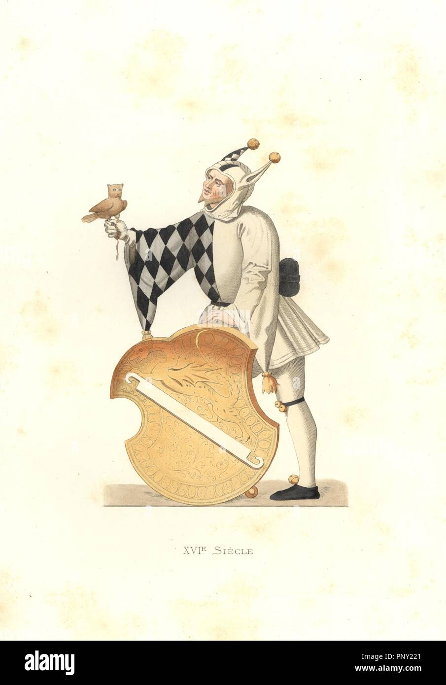 Bartklime Linck, Swiss clown, 1533. Handcolored illustration by E. Lechevallier-Chevignard, lithographed by A. Didier, L. Flameng, F. Laguillermie, from Georges Duplessis's 'Costumes historiques des XVIe, XVIIe et XVIIIe siecles' (Historical costumes of the 16th, 17th and 18th centuries), Paris 1867. The book was a continuation of the series on the costumes of the 12th to 15th centuries published by Camille Bonnard and Paul Mercuri from 1830. Georges Duplessis (1834-1899) was curator of the Prints department at the Bibliotheque nationale. Edmond Lechevallier-Chevignard (1825-1902) was an artis Stock Photo