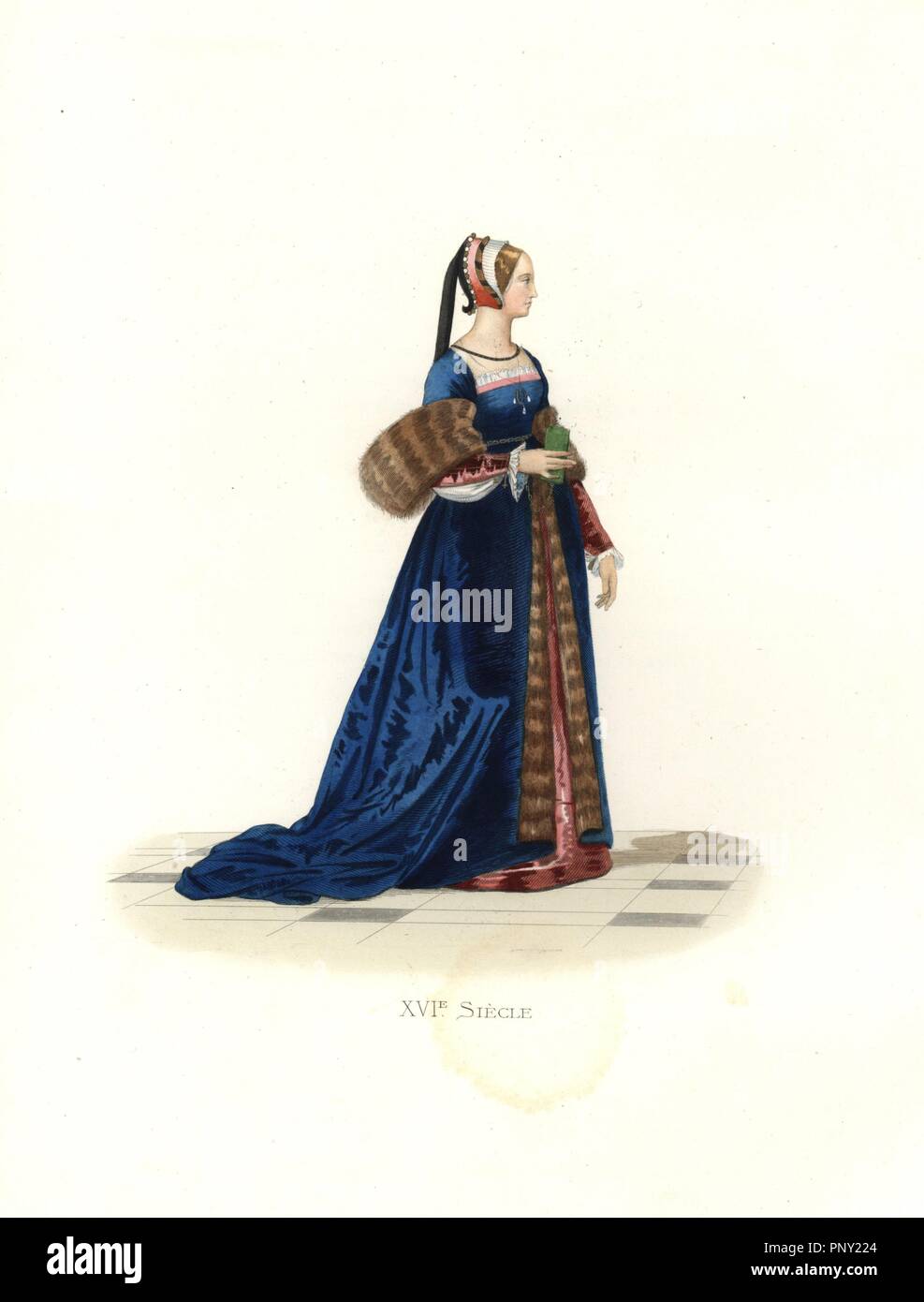 Lady at the court of Francis I wearing a dress of red silk covered by a  fur-lined robe of blue silk with a long train.. Handcolored illustration by  E. Lechevallier-Chevignard, lithographed by