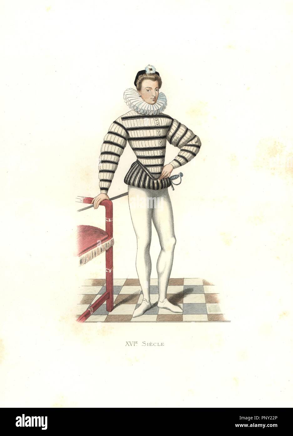 Portrait of Saint-Megrin, France, 16th century, from an illustration by Riffaut. Handcolored illustration by E. Lechevallier-Chevignard, lithographed by A. Didier, L. Flameng, F. Laguillermie, from Georges Duplessis's 'Costumes historiques des XVIe, XVIIe et XVIIIe siecles' (Historical costumes of the 16th, 17th and 18th centuries), Paris 1867. The book was a continuation of the series on the costumes of the 12th to 15th centuries published by Camille Bonnard and Paul Mercuri from 1830. Georges Duplessis (1834-1899) was curator of the Prints department at the Bibliotheque nationale. Edmond Lec Stock Photo