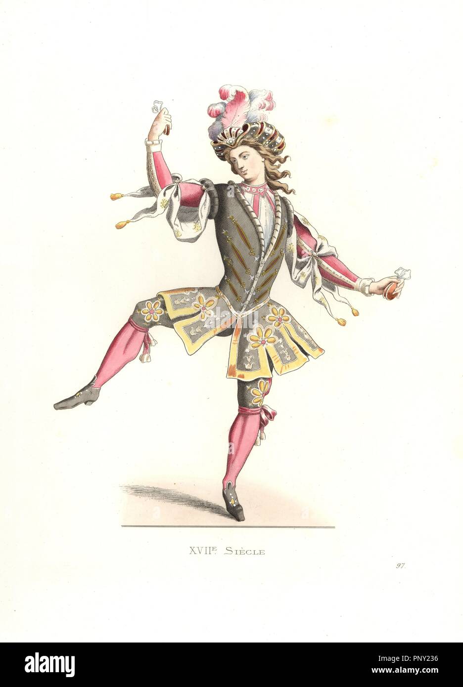 French man in ballet costume, 17th century, from a ballet danced by King  Louis XIV in Aix in 1660. Handcolored illustration by E.  Lechevallier-Chevignard, lithographed by A. Didier, L. Flameng, F.  Laguillermie,