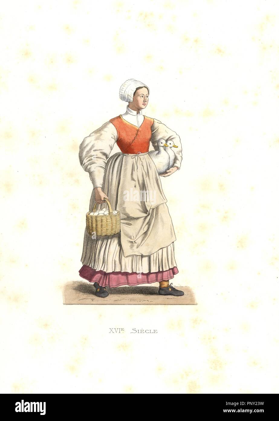 Peasant woman of France, 16th century. Handcolored illustration by E. Lechevallier-Chevignard, lithographed by A. Didier, L. Flameng, F. Laguillermie, from Georges Duplessis's 'Costumes historiques des XVIe, XVIIe et XVIIIe siecles' (Historical costumes of the 16th, 17th and 18th centuries), Paris 1867. The book was a continuation of the series on the costumes of the 12th to 15th centuries published by Camille Bonnard and Paul Mercuri from 1830. Georges Duplessis (1834-1899) was curator of the Prints department at the Bibliotheque nationale. Edmond Lechevallier-Chevignard (1825-1902) was an ar Stock Photo